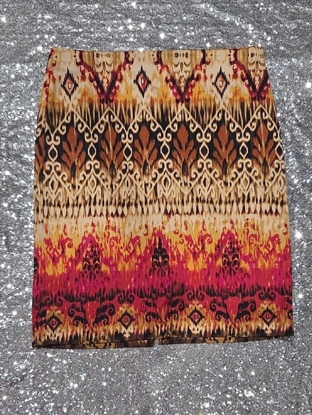 Cato Boho Ikat Zipper Pencil Skirt in Pink, Brown & Cream With Slit In Back